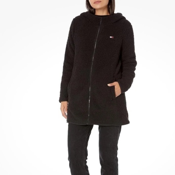 Tommy Hilfiger women’s Sherpa car coat in black with hood - Picture 1 of 4